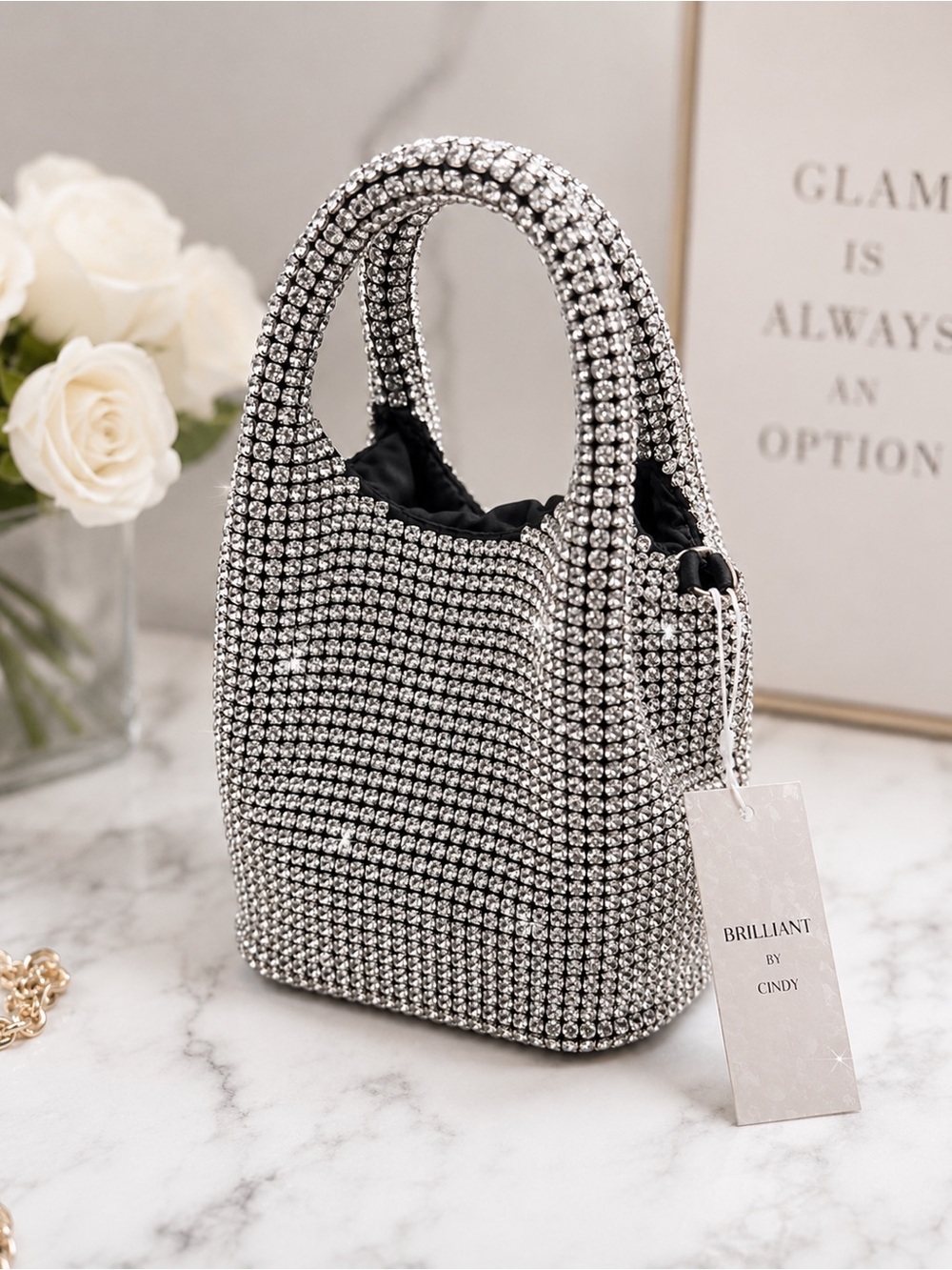 Silver Crystal Embellished Mini Tote Bag